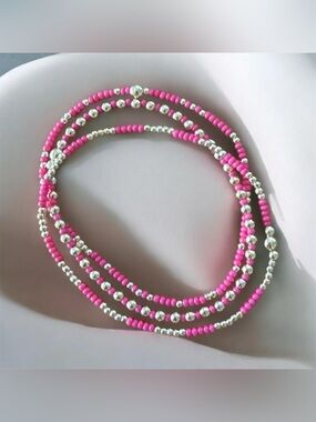 14K Gold Filled & Hot Pink Beaded Stretch Bracelet Set - Women Jewelry
